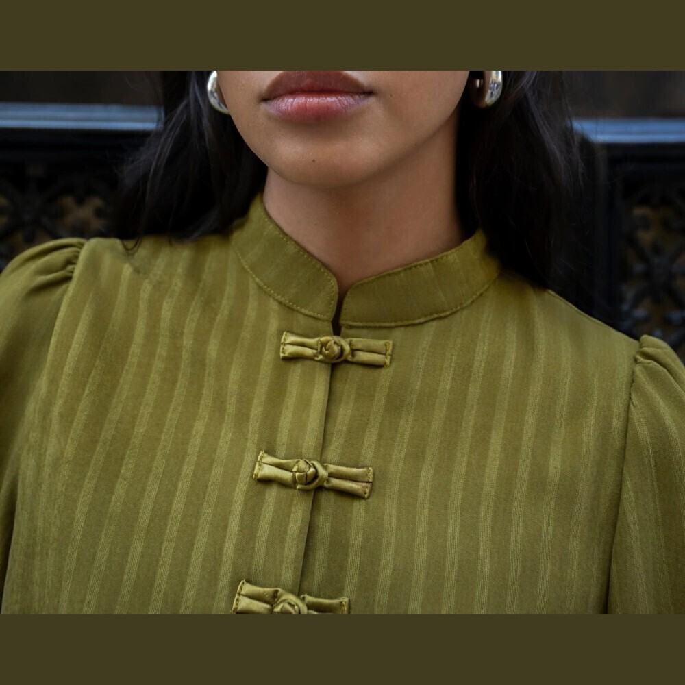 Olive Green Striped Frog Closure Crop Jacket and Wide Leg Pants Pantsuit Set - Picture 7 of 7